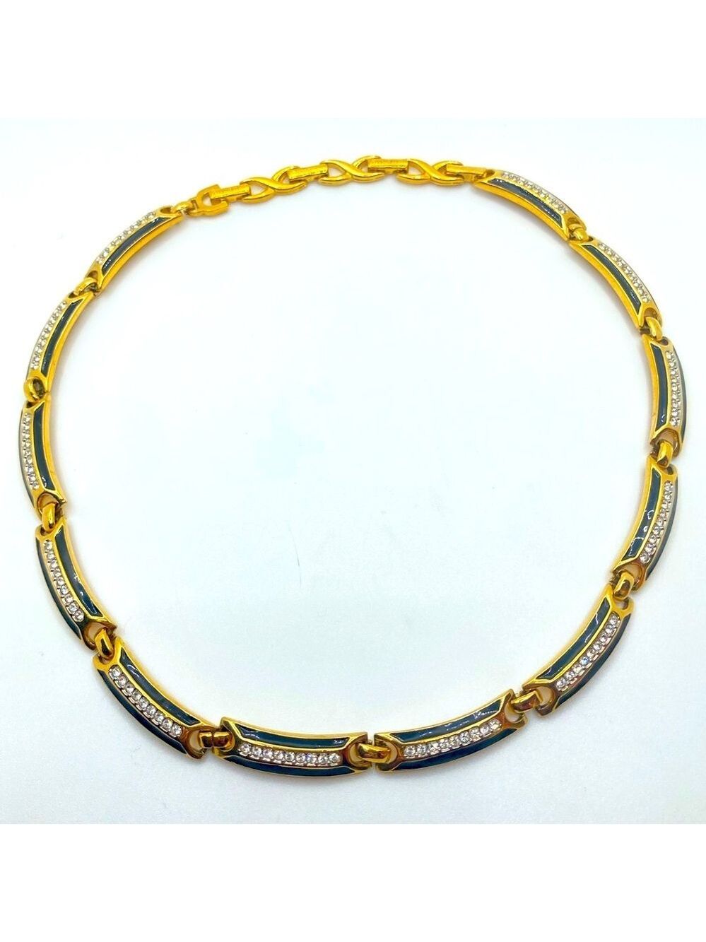 VTG Nina Ricci Gold Tone Black Enamel & White Cz Stone Necklace 19”